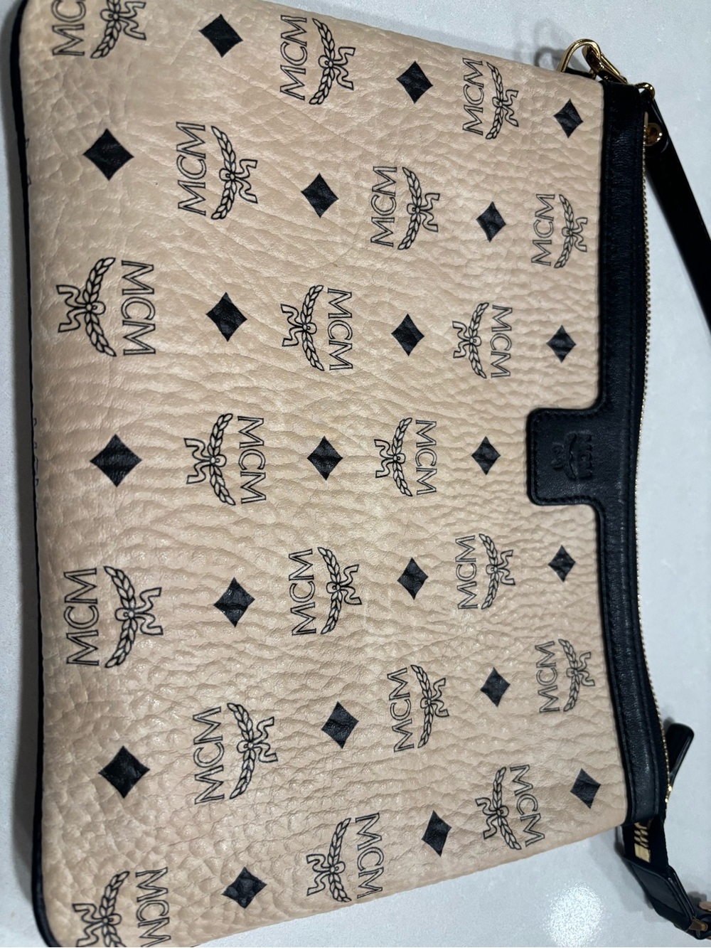 MCM Beige Monogram Wristlet with Black Trim - Picture 4 of 5